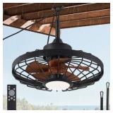20 in. Outdoor Walnut Waterproof Caged Ceiling Fan Rope Hook Portable Hanging Ceiling Fan with Light and Remote