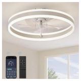 (2) HINNIXY 20 in. Smart Indoor Matte White Flush Mount Color Changing LED Ceiling Fan with Light Kit and Remote and App Control