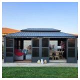 PURPLE LEAF 12ft. x 20ft. Patio Hardtop Gazebo Double Top PC Mesh Screen House Aluminum Solarium Backyard Sunroom, 24 Lights, Gray