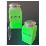 DR - Pair of Vintage Uranium Glass Sugar & Flour Shakers