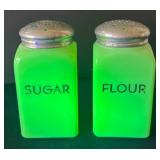 DR - Pair of Vintage Uranium Glass Sugar & Flour Shakers