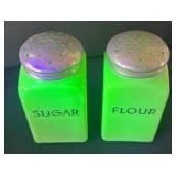 DR - Pair of Vintage Uranium Glass Sugar & Flour Shakers