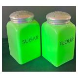 DR - Pair of Vintage Uranium Glass Sugar & Flour Shakers