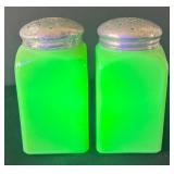DR - Pair of Vintage Uranium Glass Sugar & Flour Shakers