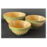 DR - Set of Three Yellow Ware Nesting Bowls - 3-Piece Green Gothic Archers Pattern