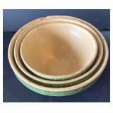 DR - Set of Three Yellow Ware Nesting Bowls - 3-Piece Green Gothic Archers Pattern