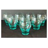 DR - Set of Eight Vintage Sasaki Harmony Pattern Aqua Hand-Blown Lowball Glasses
