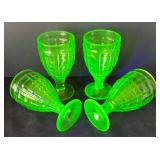 DR - Four Vintage Hazel Atlas Colonial Block Green  Uranium Glass Water Goblets