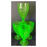 DR - Four Vintage Hazel Atlas Colonial Block Green  Uranium Glass Water Goblets