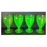DR - Four Vintage Hazel Atlas Colonial Block Green  Uranium Glass Water Goblets