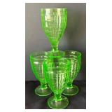 DR - Four Vintage Hazel Atlas Colonial Block Green  Uranium Glass Water Goblets