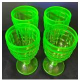 DR - Four Vintage Hazel Atlas Colonial Block Green  Uranium Glass Water Goblets