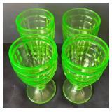 DR - Four Vintage Hazel Atlas Colonial Block Green  Uranium Glass Water Goblets