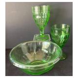 DR -Pair of Hazel Atlas Colonial Block Green Uranium Glass Water Goblets and Vintage Hazel Atlas Rest Well Green Mixing Bowl