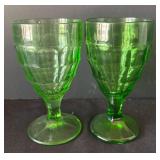 DR -Pair of Hazel Atlas Colonial Block Green Uranium Glass Water Goblets and Vintage Hazel Atlas Rest Well Green Mixing Bowl