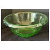 DR -Pair of Hazel Atlas Colonial Block Green Uranium Glass Water Goblets and Vintage Hazel Atlas Rest Well Green Mixing Bowl