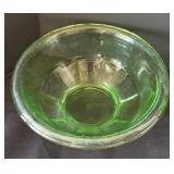 DR -Pair of Hazel Atlas Colonial Block Green Uranium Glass Water Goblets and Vintage Hazel Atlas Rest Well Green Mixing Bowl