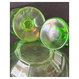 DR -Pair of Hazel Atlas Colonial Block Green Uranium Glass Water Goblets and Vintage Hazel Atlas Rest Well Green Mixing Bowl