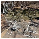 G - Vintage White Wire Lounge Chair with Ottoman - Tan Diamond Upholstery