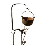 S - Vintage Cast Iron Cauldron on Ornate Iron Stand with Ladle