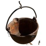 S - Vintage Cast Iron Cauldron on Ornate Iron Stand with Ladle