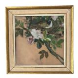 LL - Vintage Reverse-Painted Print - Bird on Nest with Flowers