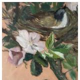 LL - Vintage Reverse-Painted Print - Bird on Nest with Flowers