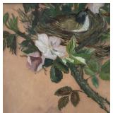 LL - Vintage Reverse-Painted Print - Bird on Nest with Flowers