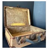 DR - Vintage Suitcase - Woven Burlap Exterior, Leather Corner Trims