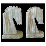 UL - Pair of Horse Head Marble Bookends - White with Natural Banding