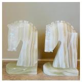 UL - Pair of Horse Head Marble Bookends - White with Natural Banding