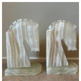UL - Pair of Horse Head Marble Bookends - White with Natural Banding