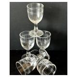 UL - Vintage Petite Clear 4-Inch Cordial Glasses - Crystal Stemware with Etched Geometric Bands (Lot of 5)
