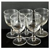 UL - Vintage Petite Clear 4-Inch Cordial Glasses - Crystal Stemware with Etched Geometric Bands (Lot of 5)