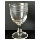 UL - Vintage Petite Clear 4-Inch Cordial Glasses - Crystal Stemware with Etched Geometric Bands (Lot of 5)