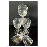 UL - Vintage Petite Clear 4-Inch Cordial Glasses - Crystal Stemware with Etched Geometric Bands (Lot of 5)
