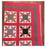 LL - Leaf-Block Nine-Patch Quilt 88x64 in - Red Border, Cream Frames