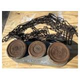 G - Toledo Vintage Cast-Iron Weight Plates with Heavy-Duty Chain (Lot of 3)