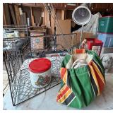 G - Vintage Lamp with Metal Wire Basket & Red Lantern, Cookie Tin & Rabbit Figurine