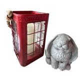 G - Vintage Lamp with Metal Wire Basket & Red Lantern, Cookie Tin & Rabbit Figurine