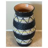 UL - Vintage Italian Made Ceramic Vase - Black Textured with White & Yellow Geometric Stripes