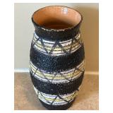 UL - Vintage Italian Made Ceramic Vase - Black Textured with White & Yellow Geometric Stripes