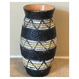 UL - Vintage Italian Made Ceramic Vase - Black Textured with White & Yellow Geometric Stripes