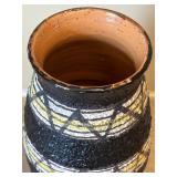 UL - Vintage Italian Made Ceramic Vase - Black Textured with White & Yellow Geometric Stripes