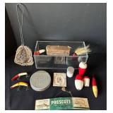 UL - Prescott Pike Hook Vintage Fishing Tackle Collection - Lures, Floats, Leader Box & Net Bag