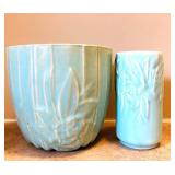 DR - Vintage McCoy Aqua Vases - Leaf-Relief Embossed (Lot of 2)
