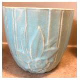DR - Vintage McCoy Aqua Vases - Leaf-Relief Embossed (Lot of 2)