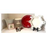 DR - Pottery Barn Snowflake Plate; The Original Red Plate (Germany); JOY Deer Tile; Star Dish; Vase; Cake Stand; 3 Spreader Knives (Lot of 8)