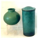 DR - Two Aqua Pottery Vases - Round Globe Vase & Tall Cylindrical Jar with Lid