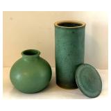 DR - Two Aqua Pottery Vases - Round Globe Vase & Tall Cylindrical Jar with Lid